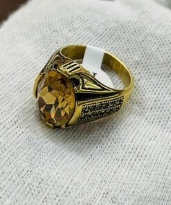 SOLID 14K Gold Finish Dragon Golden Stone Ring - Men’s Handmade Ring - Topaz Men's Ring - Turkish Handmade Golden Ottoman Men's Ring Gift for Him